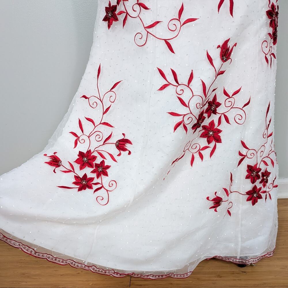 Vintage Cache Prom Dress Maxi Gown 10 White Red Floral Y2K Wedding Bride Glam - Picture 5 of 16